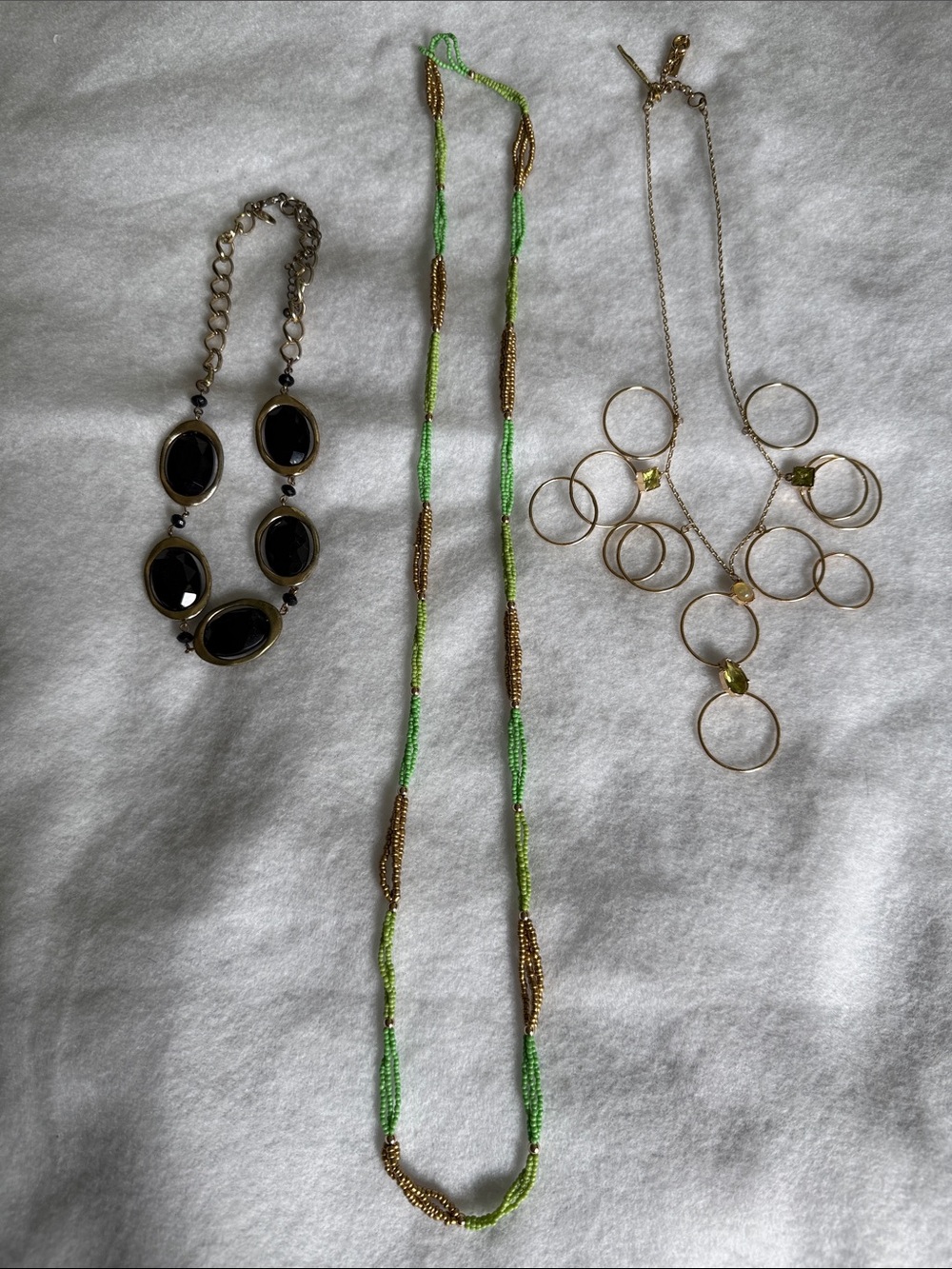 3 Necklaces: Gold and Green Beaded Long Necklace - Women's Fashion Jewelry